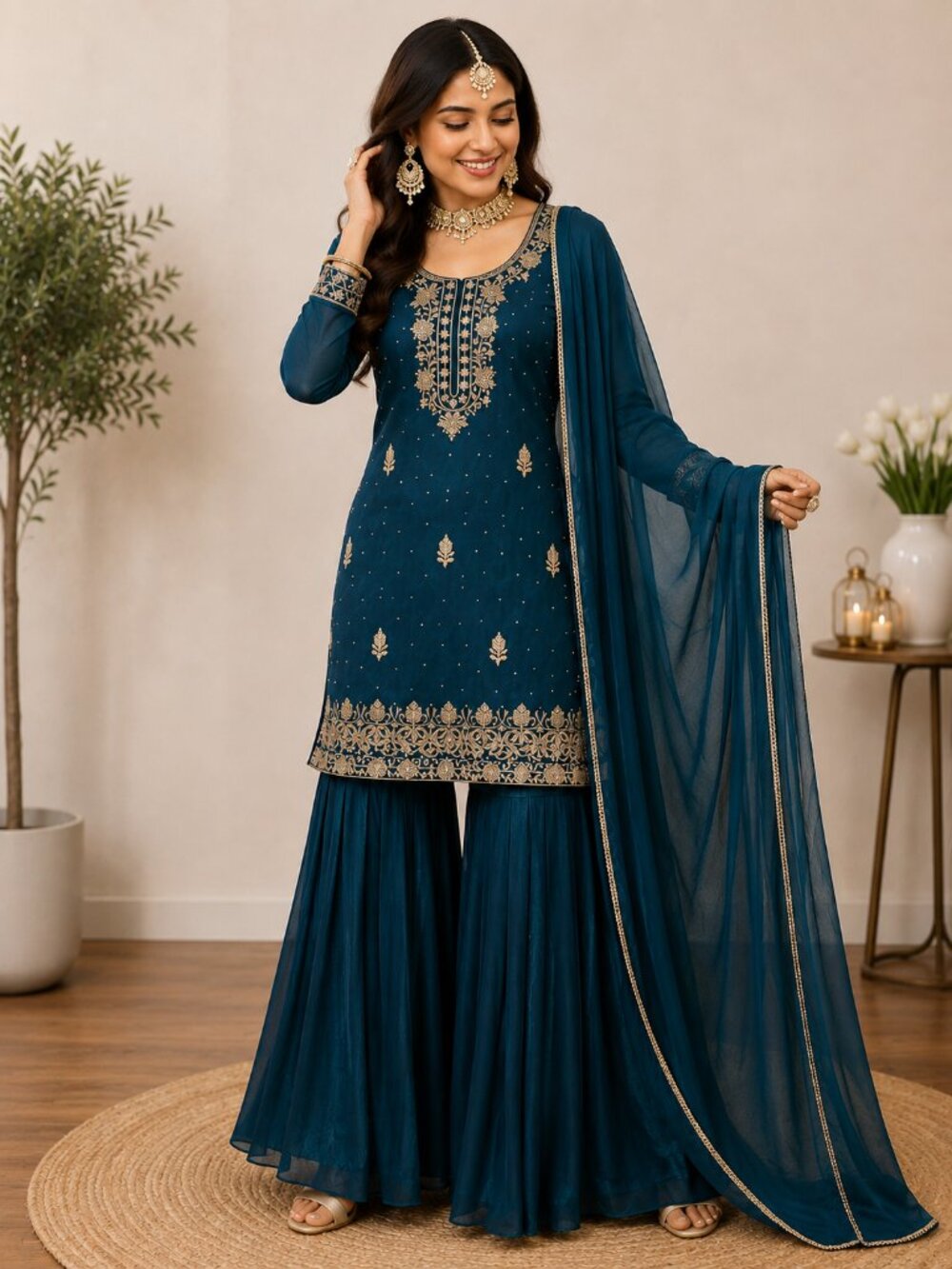 Teal Blue Embroidered Salwar Kameez Set | Palazzo Pants & Dupatta |Indian Ethnic